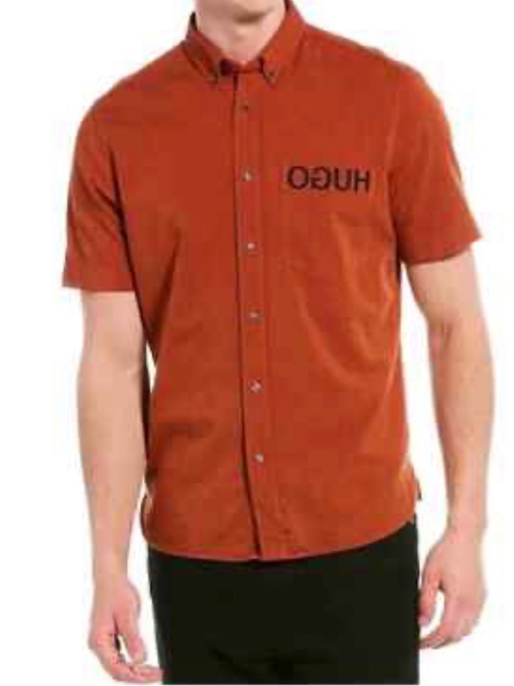 HUGO Men's Short-Sleeve Button-Down Shirt in Rust Orange size M